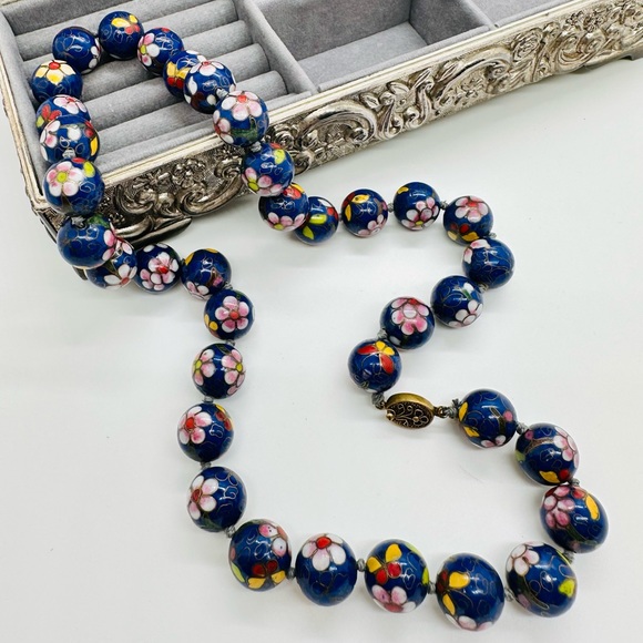 Antique Vintage Blue Cloisonné flower Enamel Jumbo Bead Necklace - Picture 1 of 17